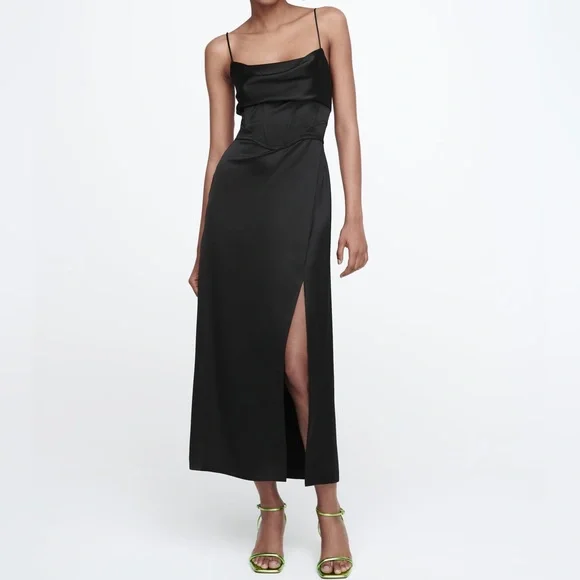 black dress aritzia Black Lace Cut-out Long Silk Slip Dress